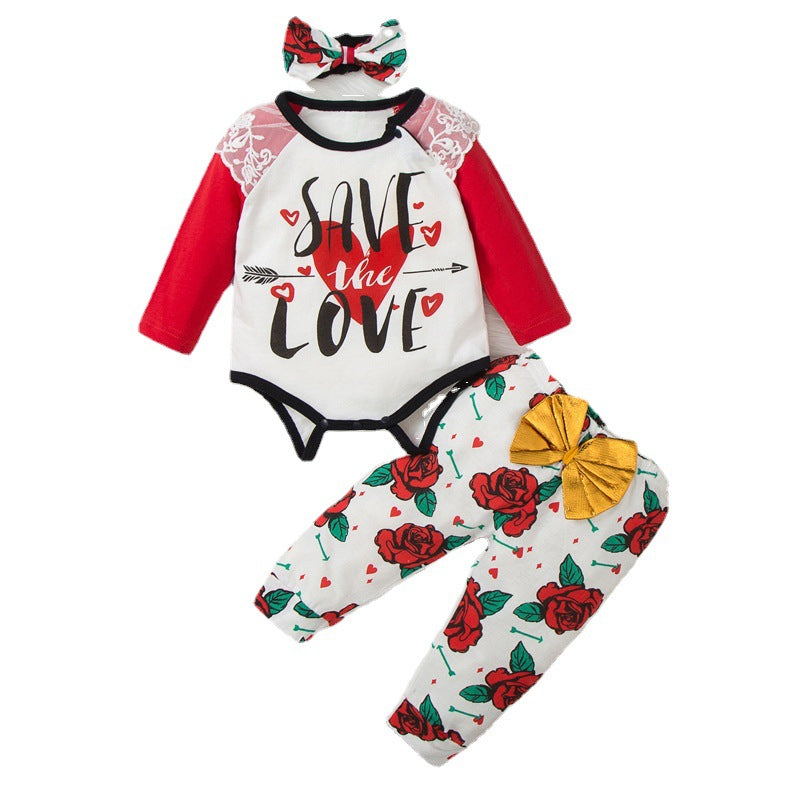 Baby Girl Valentine Love Printed Long Sleeve Flower 3 Pcs Set