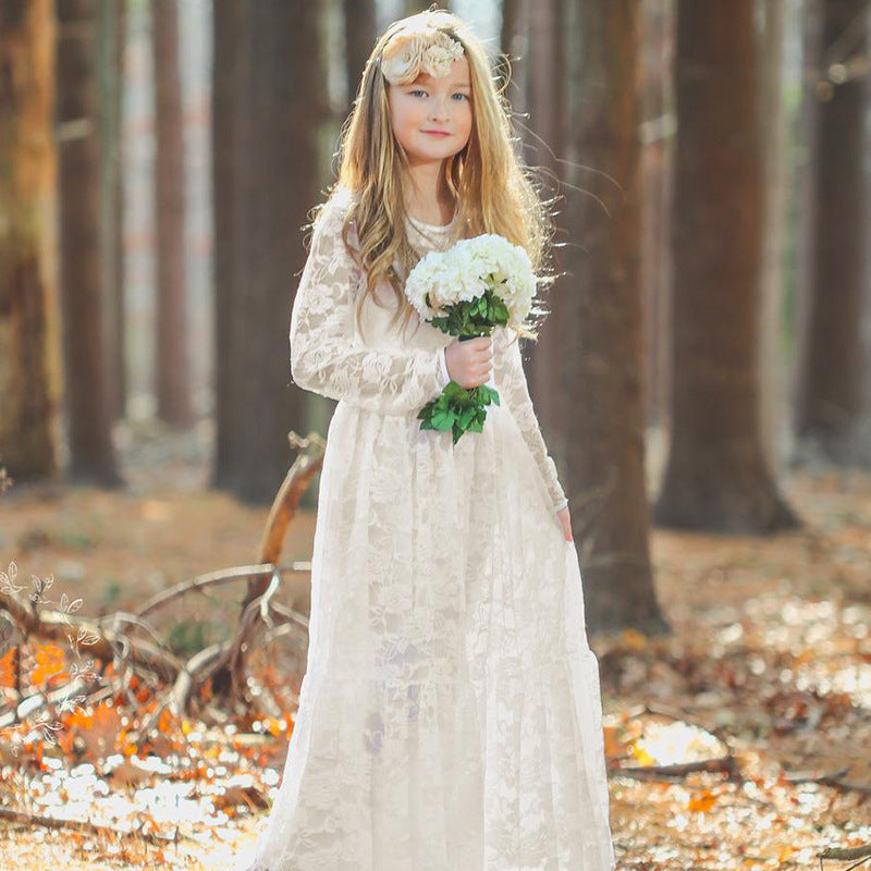 Kid Girl Long Lace Rose Embroidered Flower Mesh Yarn Dresses