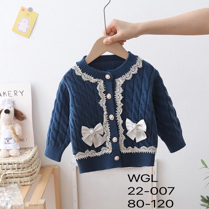 【6M-5T】Kid Baby Girl Lace Pearl Single-breasted Winter Sweater