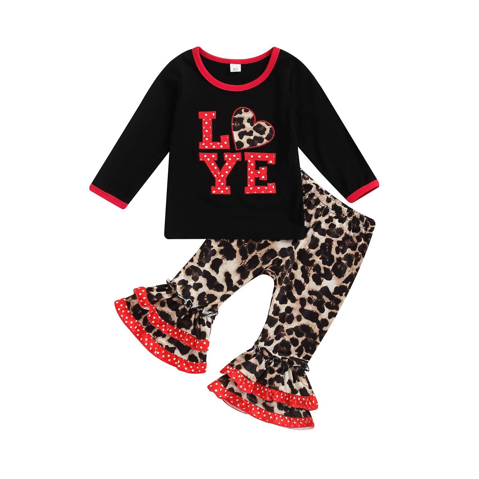 Kid Baby Girl Valentine's Day LOVE Leopard Print 2 Pcs Set