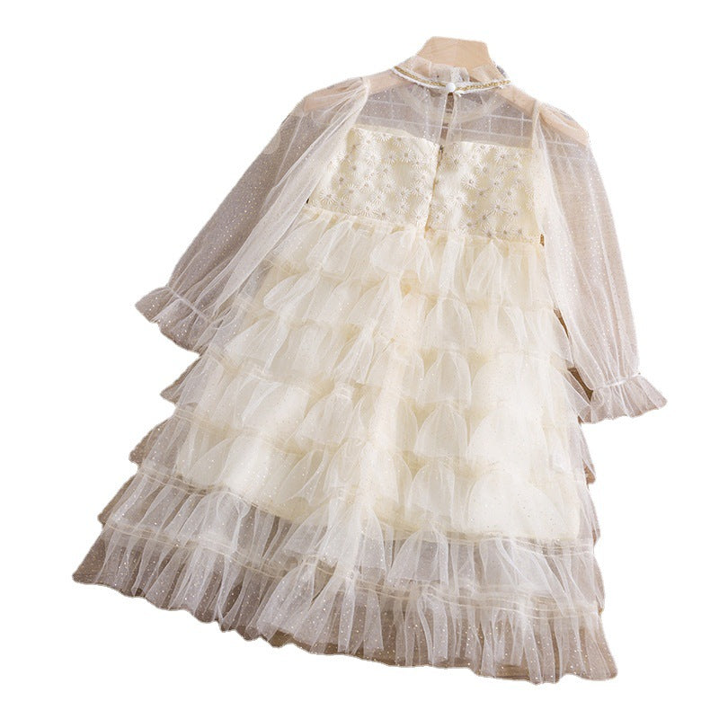 3-8T Kid Girl Floral Embriodery Flower Ruffle Layered Party Tulle Dresses