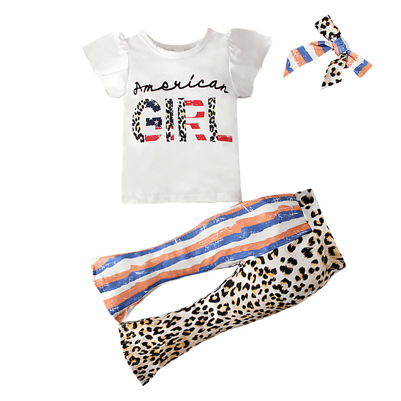 Kid Baby Girl Suit Spliced Letter Flying Sleeve Bell-bottom Independence Day 3 Pcs Sets