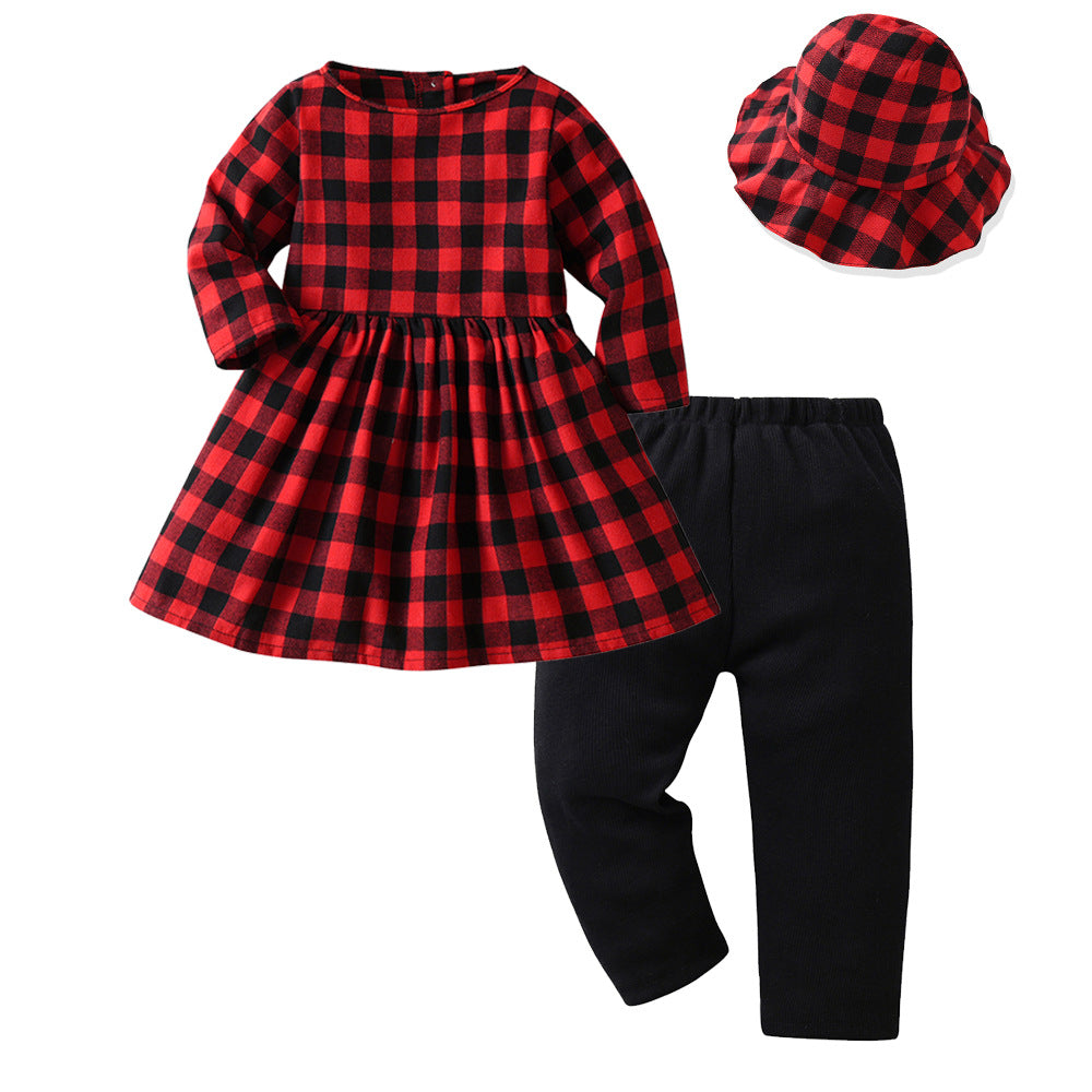 Kid Baby Girls Boy Casual Set Plaid Long Sleeve 3 Pcs Sets Outfit