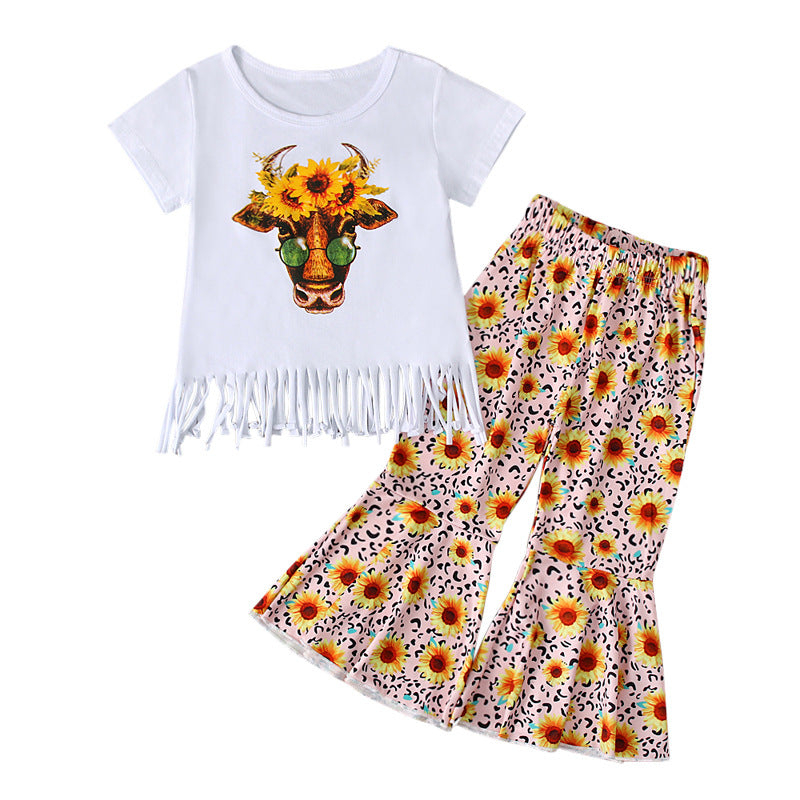 Kid Baby Girl Cow Short Sleeve Tassel Ins 2 Pcs Set