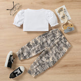 Kid Baby Girl Round Collar Bubble Sleeves Camouflage 2 Pcs Sets