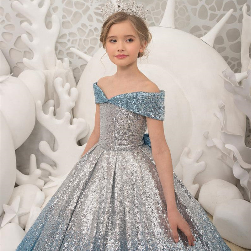 Kid Girl Silver Blue Gradual Long Tuxedo Piano Performance Dress