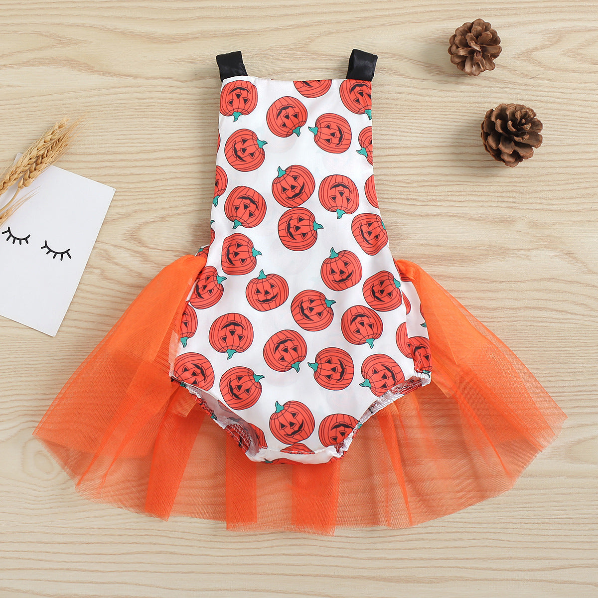 Baby Girl Halloween Smiling Face Embroidered Gauze Climbing Rompers