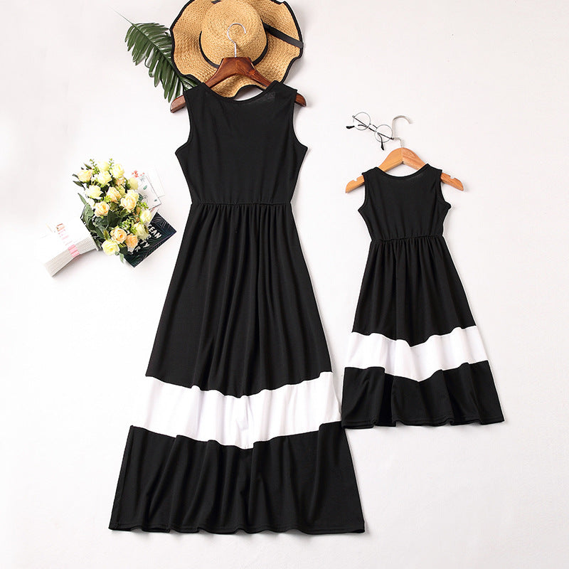 Family Matching Solid Color Patchwork Mother-daughter Vest Dresses