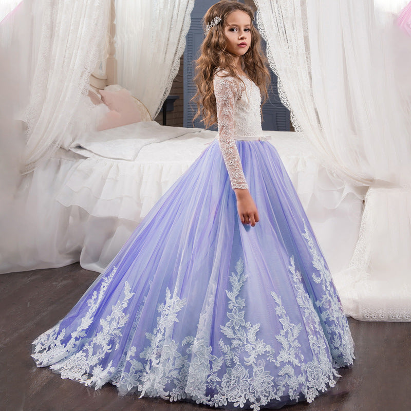 Kid Girl Lace Long Sleeves Trailing Flower Wedding Puffy Dresses