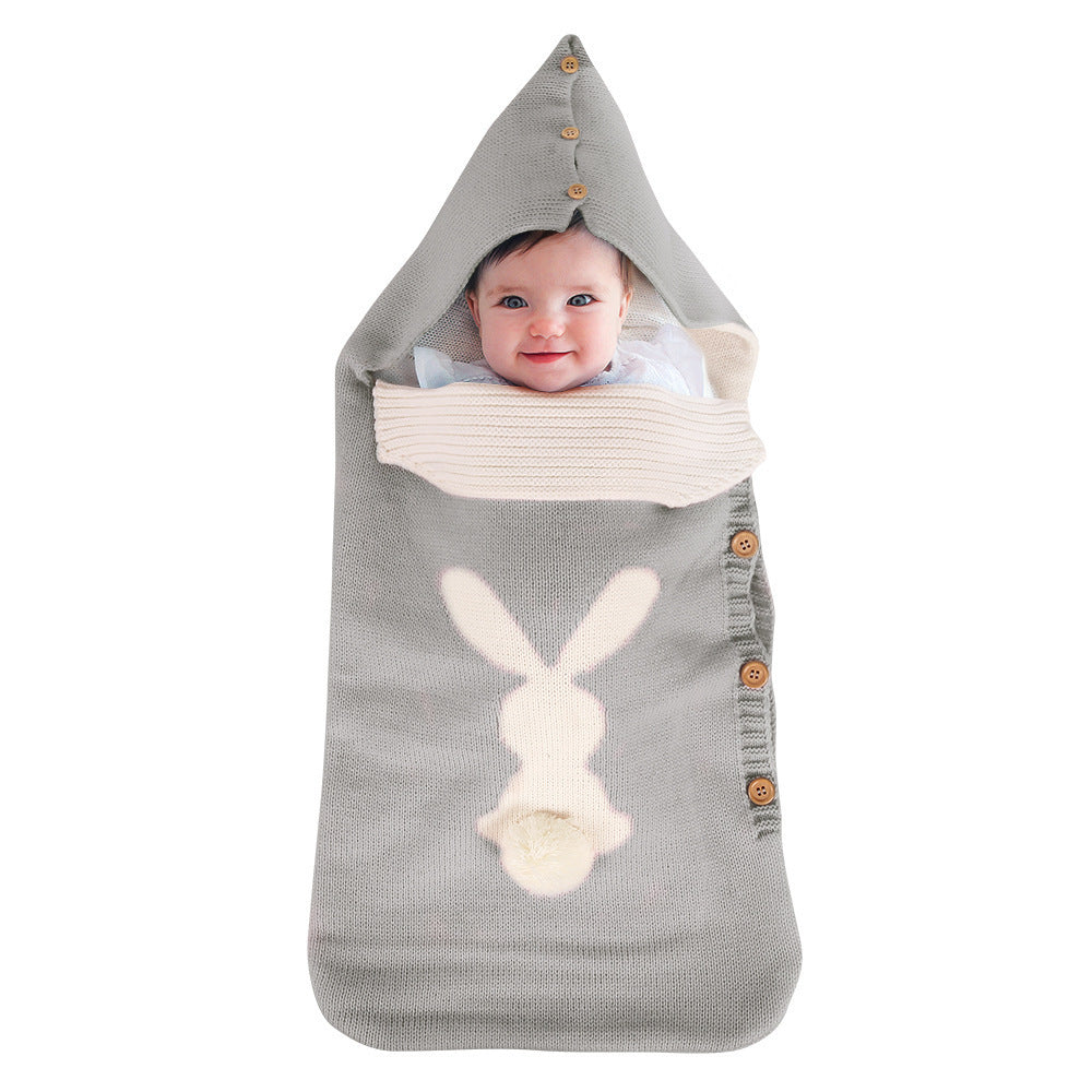 Solid Color Baby Knit Rabbit Button Sleeping Outdoor Cart Wool Pajamas