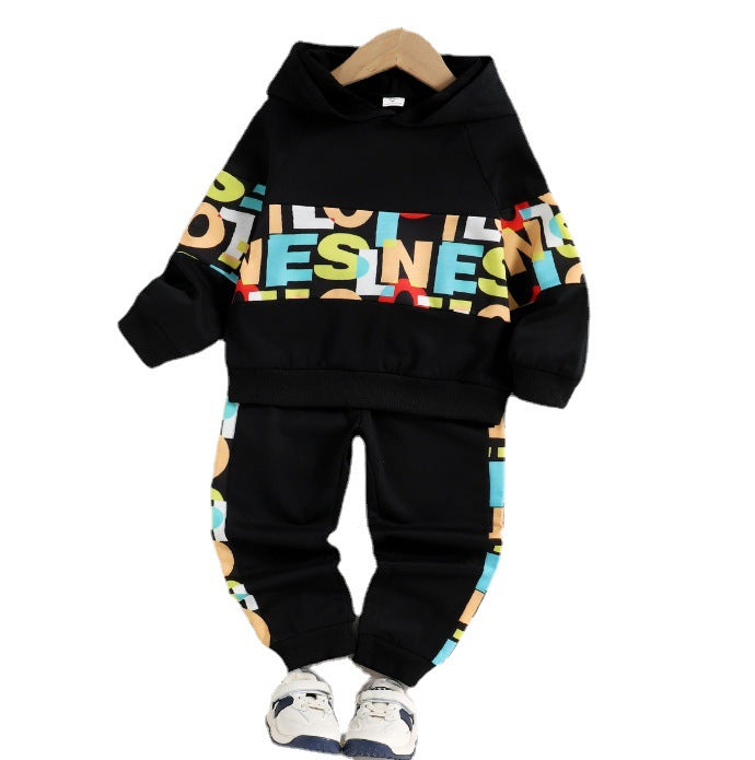 Kid Boys Autumn Winter Sports Letter Splicing Hooded 2 Pcs Sets