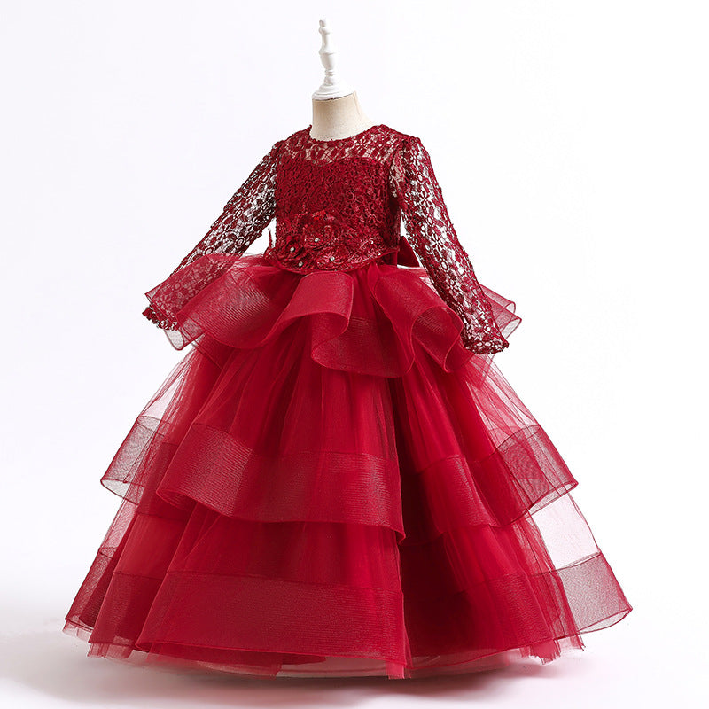 Kid Baby Girl Long Sleeved Sequins Gauze Puffy Princess Dress