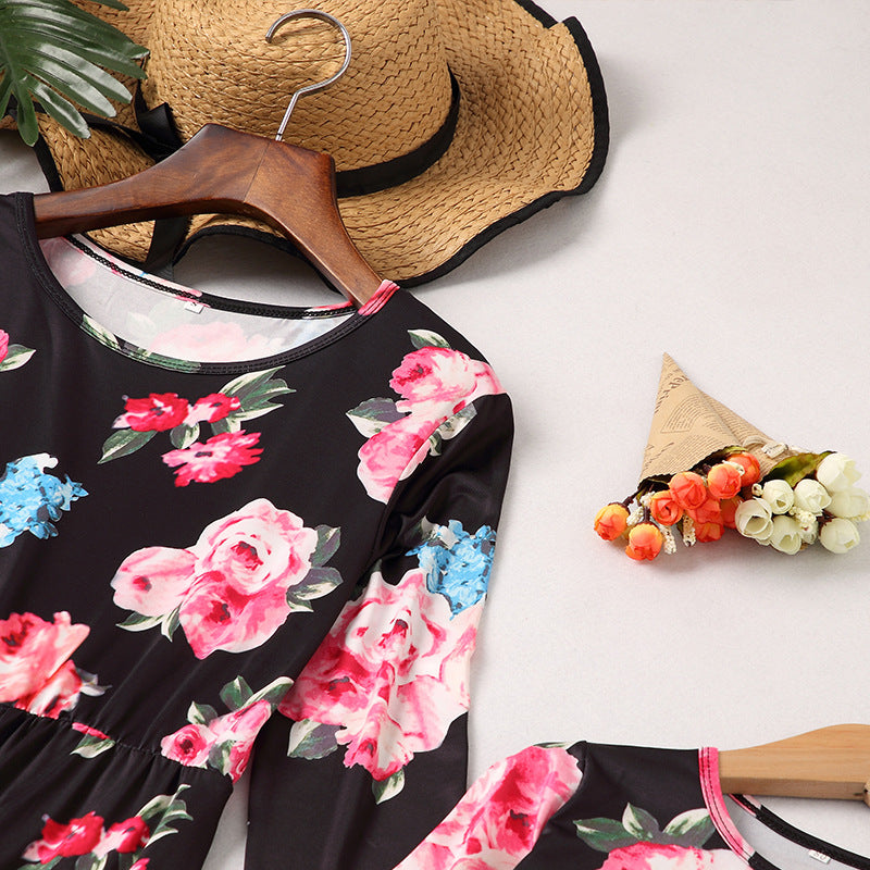 Family Maatching Long-sleeved Floral Print Long  Dress