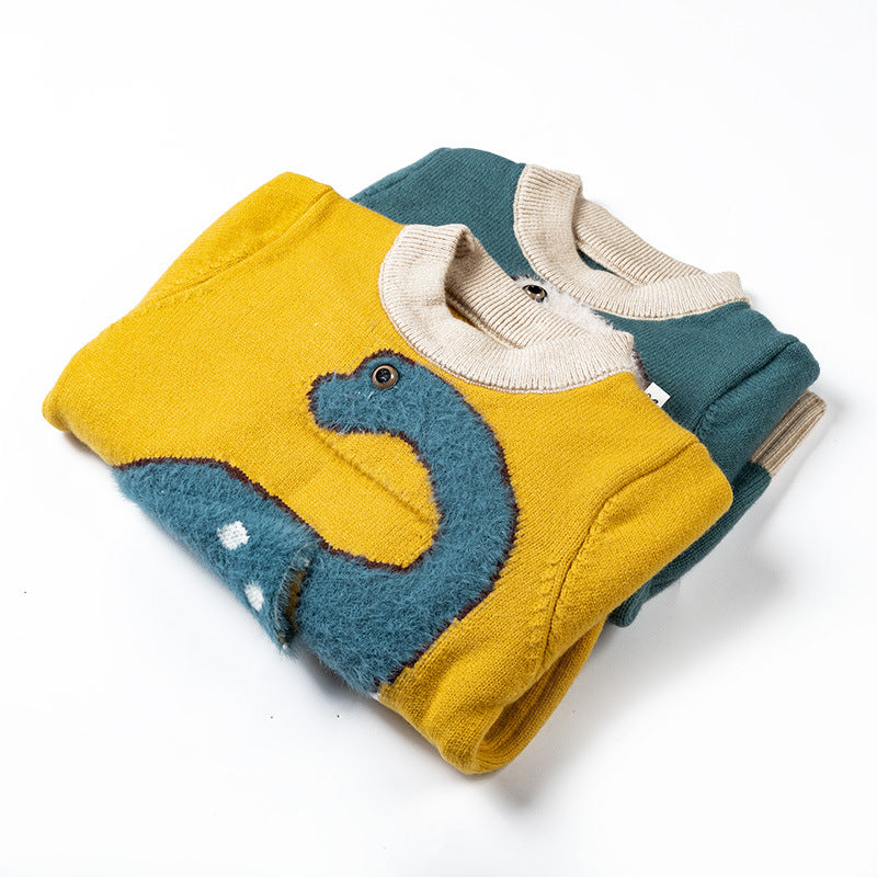 Kid Baby Boy Neutral Knit  Dinosaur Round Neck Sweater