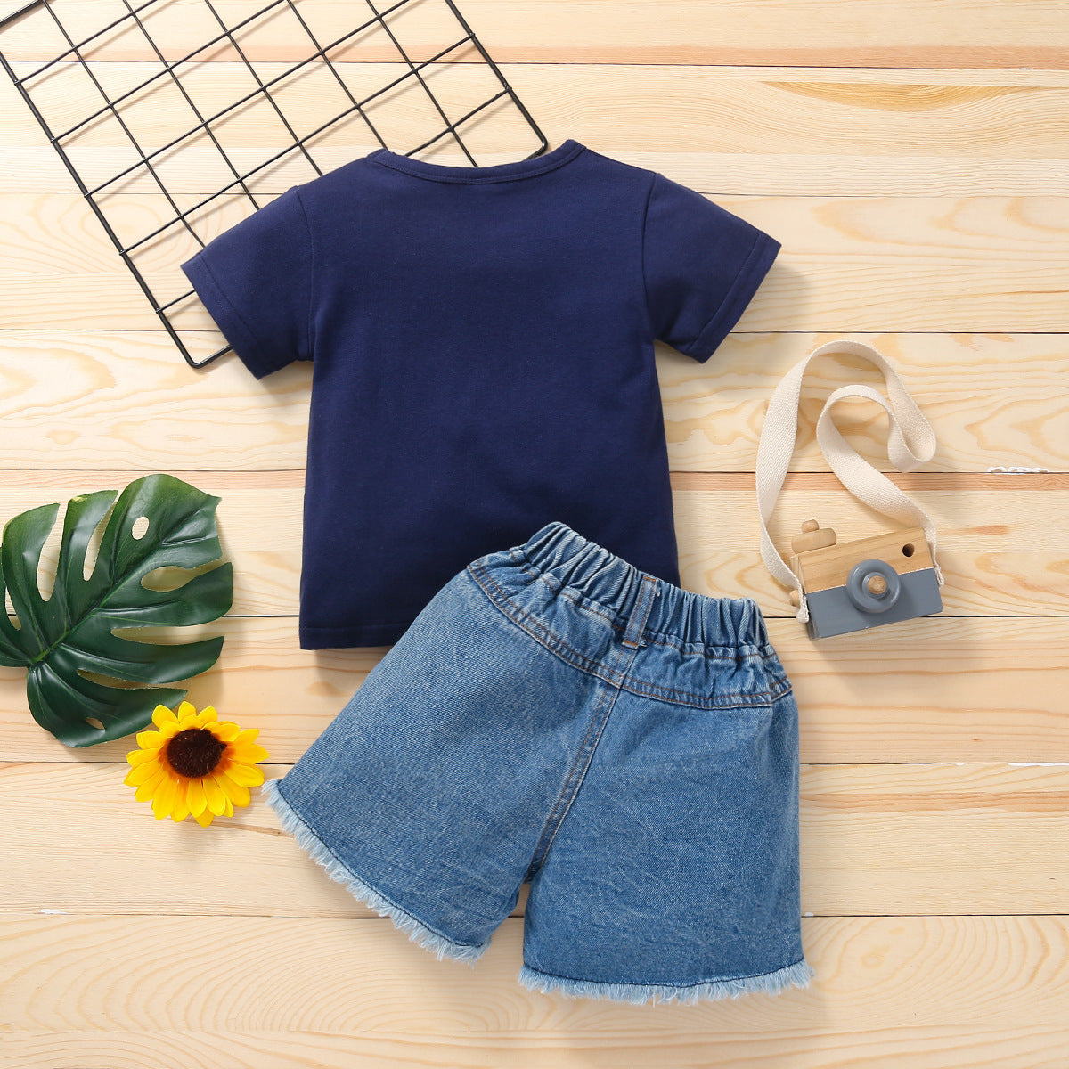 Kid Baby Girl Printed Short Sleeve Sunflower Jeans 2 Pcs Sets