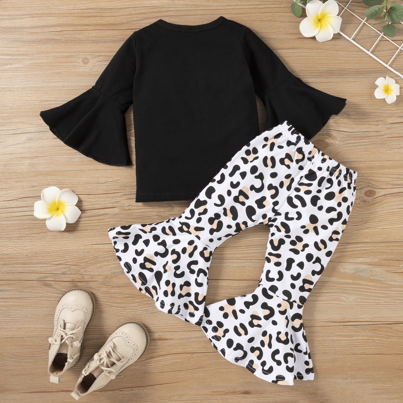 Kid Baby Girl Suit Black Cotton Flared Sleeve Leopard 2 Pcs Sets