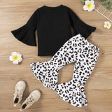 Kid Baby Girl Suit Black Cotton Flared Sleeve Leopard 2 Pcs Sets