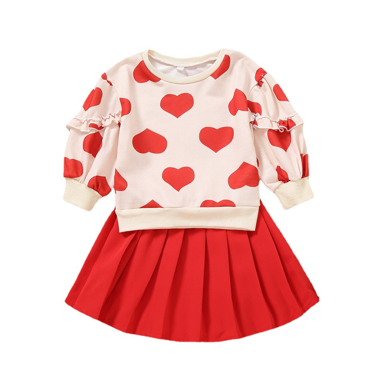 Girl Valentine's Day Autumn Dress Heart Printed Long Sleeves Pleated Sets 2 Pcs