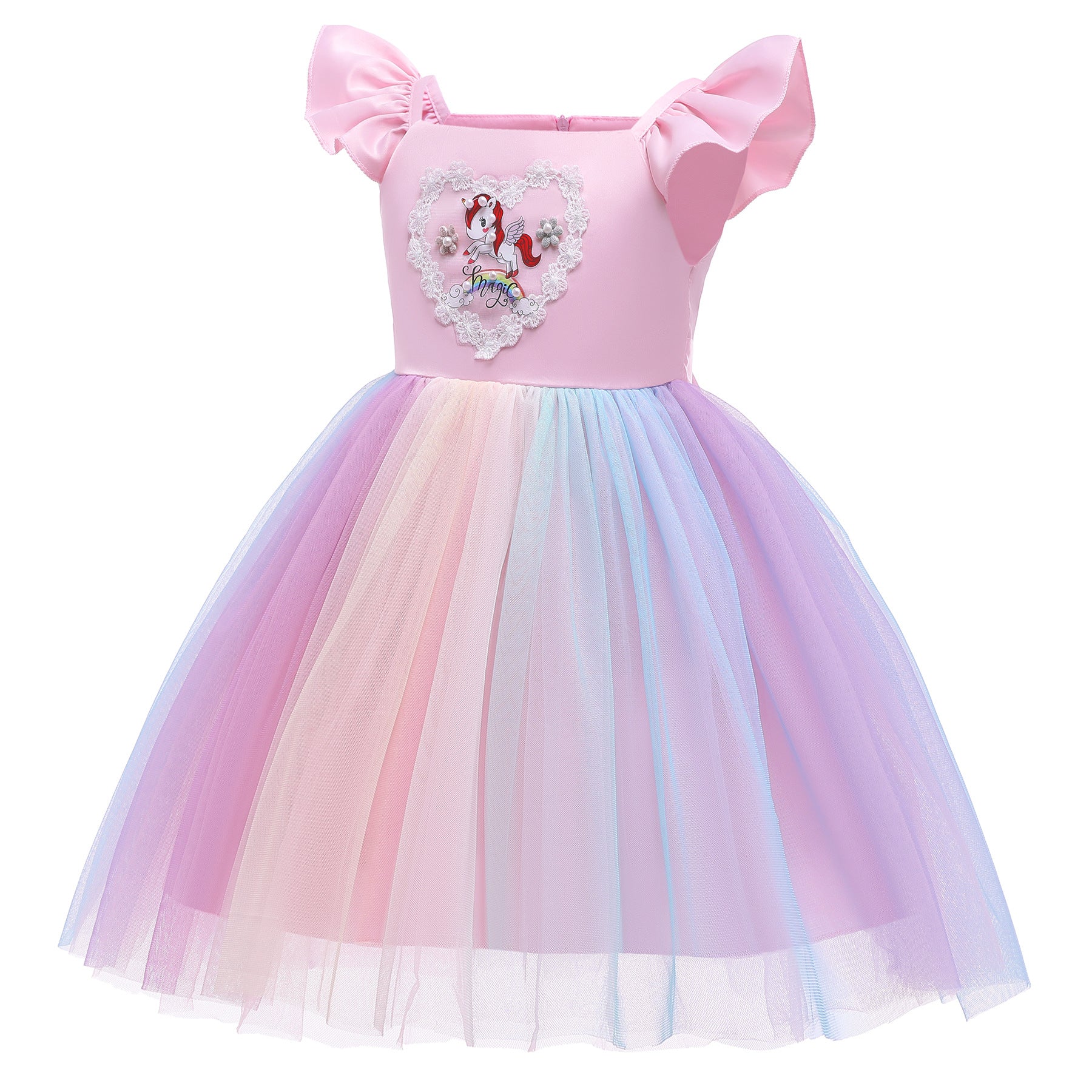 Kid Baby Girls Summer Unicorn Frozen Princess Elsa Rainbow Mesh Dresses