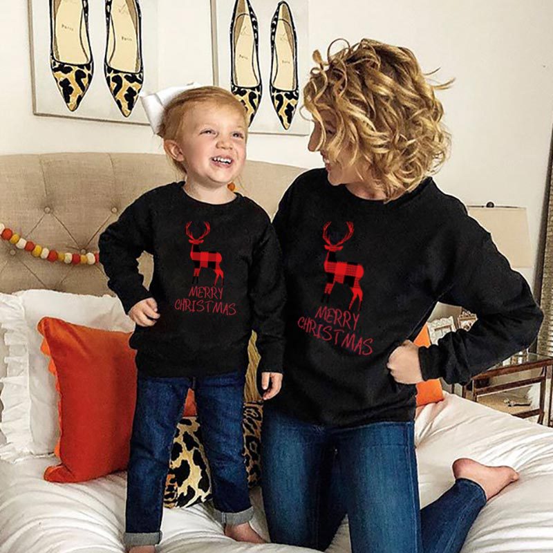 Family Matching Christmas Cartoon Elk Print Top Shirts