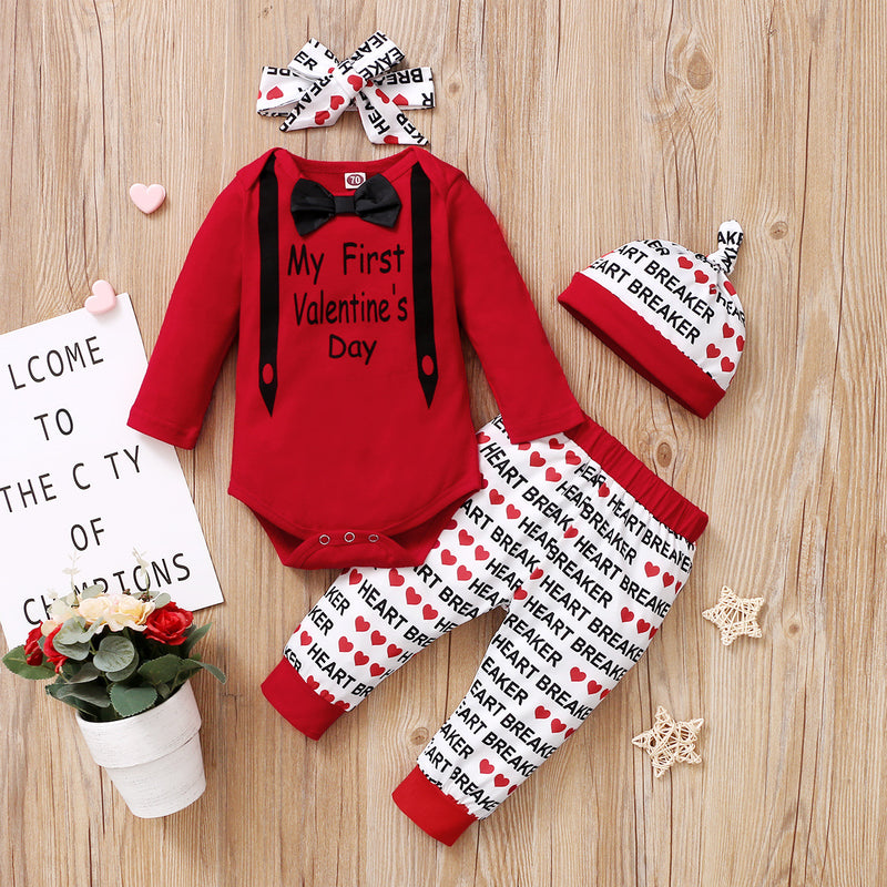 Baby Boy Suit Valentine's Day Print Halter 3 Pcs Sets