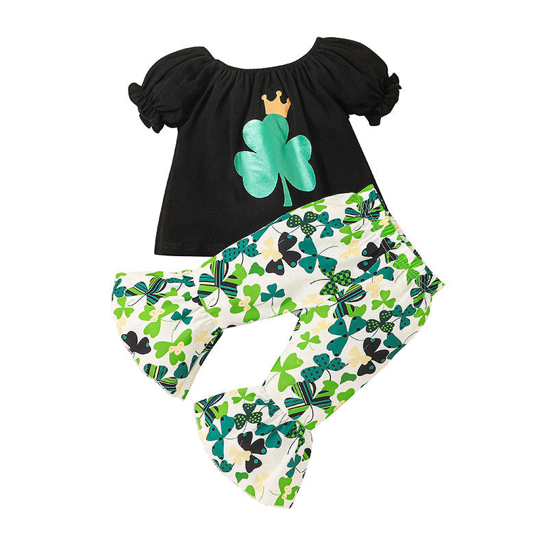Little Baby Girl Bubble Sleeve Suit Summer Four-leaf Printed Bell 2 Pcs Set