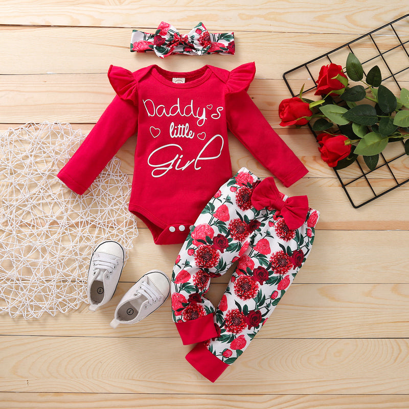 Baby Girl Valentine's Day Set Spring New Red Rose 3 Pcs Sets
