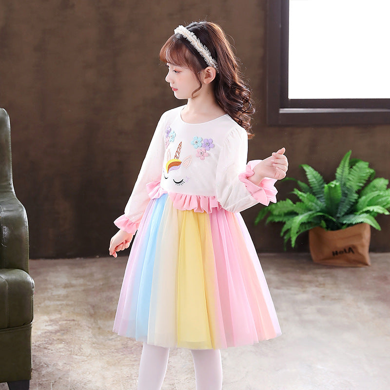 Autumn Spring Kids Girl Unicorn Long Sleeve Dresses