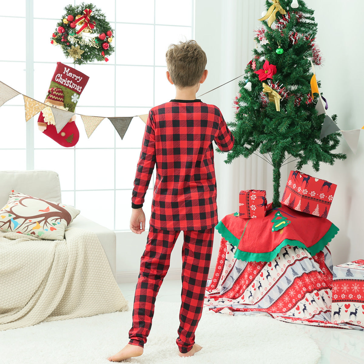 Family Matching Christmas Home Red Plaid Long-sleeved Pajamas