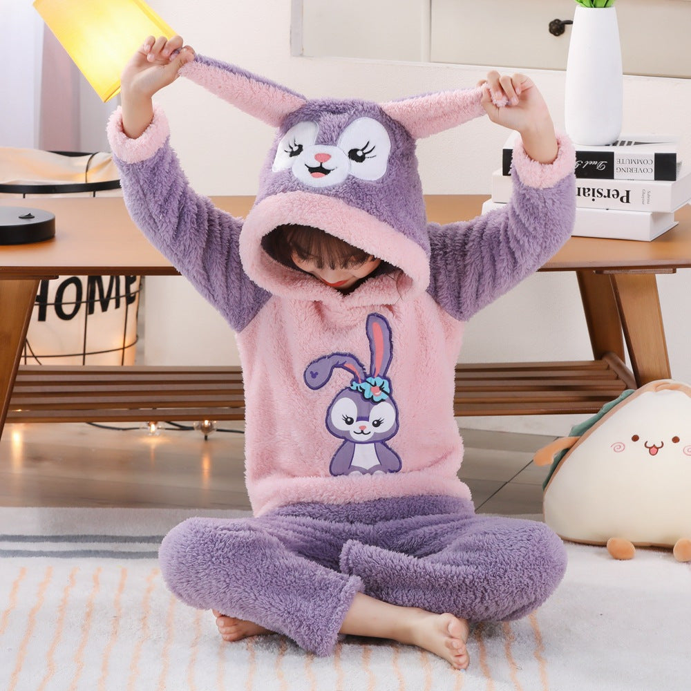 Kid Baby Boy Girl Plush Pajamas Cartoon Hooded Thickened Coral Pajamas