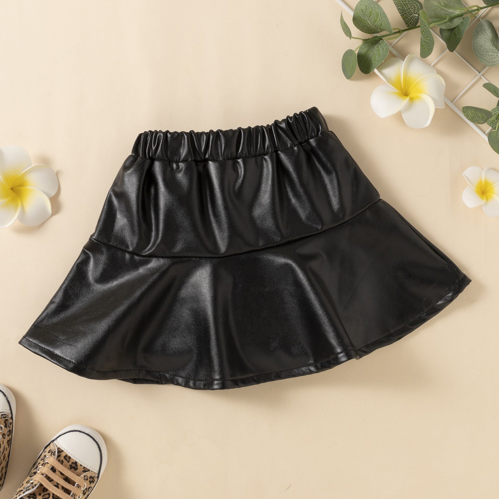 Kid Baby Girl Suit Long Sleeve Pit Stretch PU Leather 2 Pcs Sets