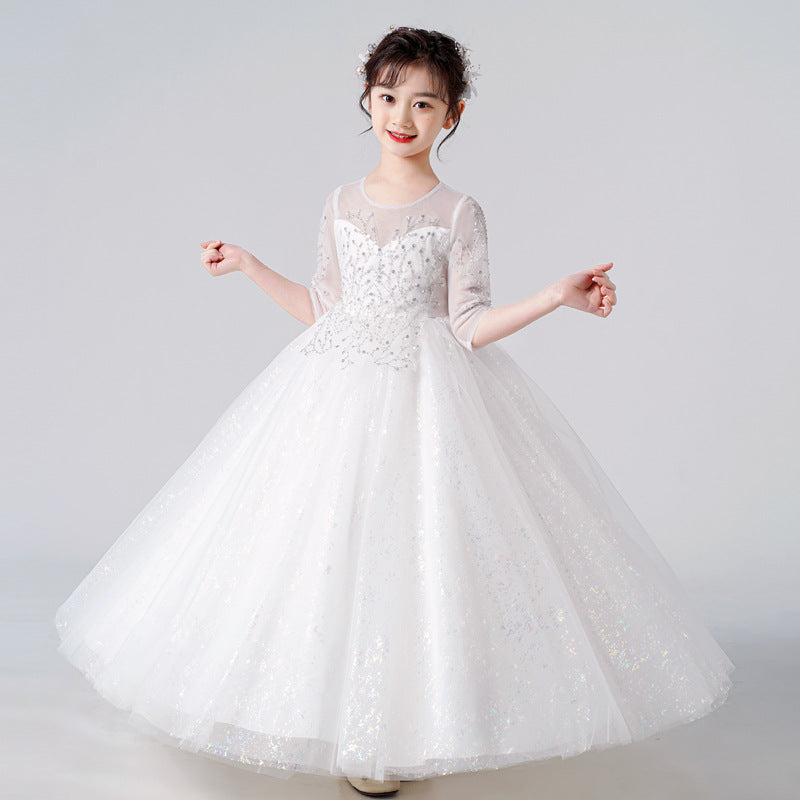 Kid Girls Gauze Sleeve Sequined Fluffy  Flower Sweet Princess Show Dresses