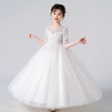 Kid Girls Gauze Sleeve Sequined Fluffy  Flower Sweet Princess Show Dresses