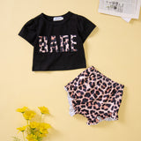 Summer Baby Girl Letter Print Short Sleeve Leopard Print 2 Pcs Sets