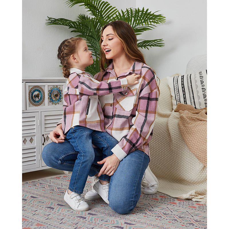 Family Matching Leisure Flannel Plaid Button Long Sleeve Shirts Tops