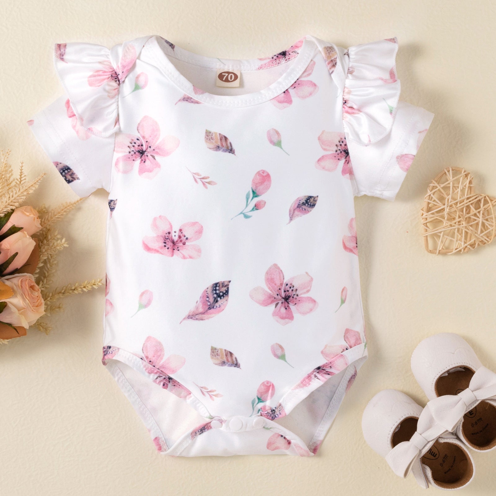 Baby Girl Flower Printed Short Sleeve Strap 3 Pcs Sets