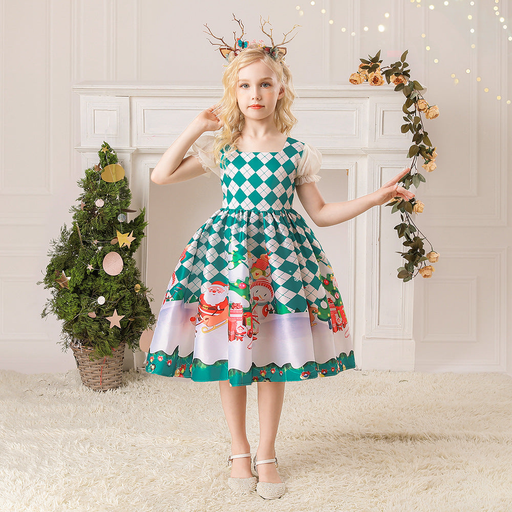 Christmas Kids Girl Cartoon Print Satin Dress