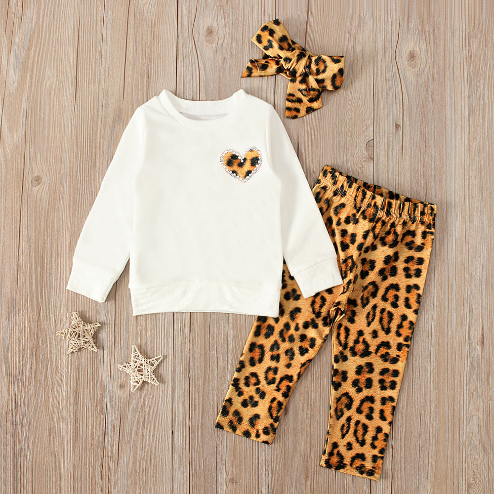 Baby Girls Valentine's Day Long Sleeve Love Leopard Print 3 Pcs Sets
