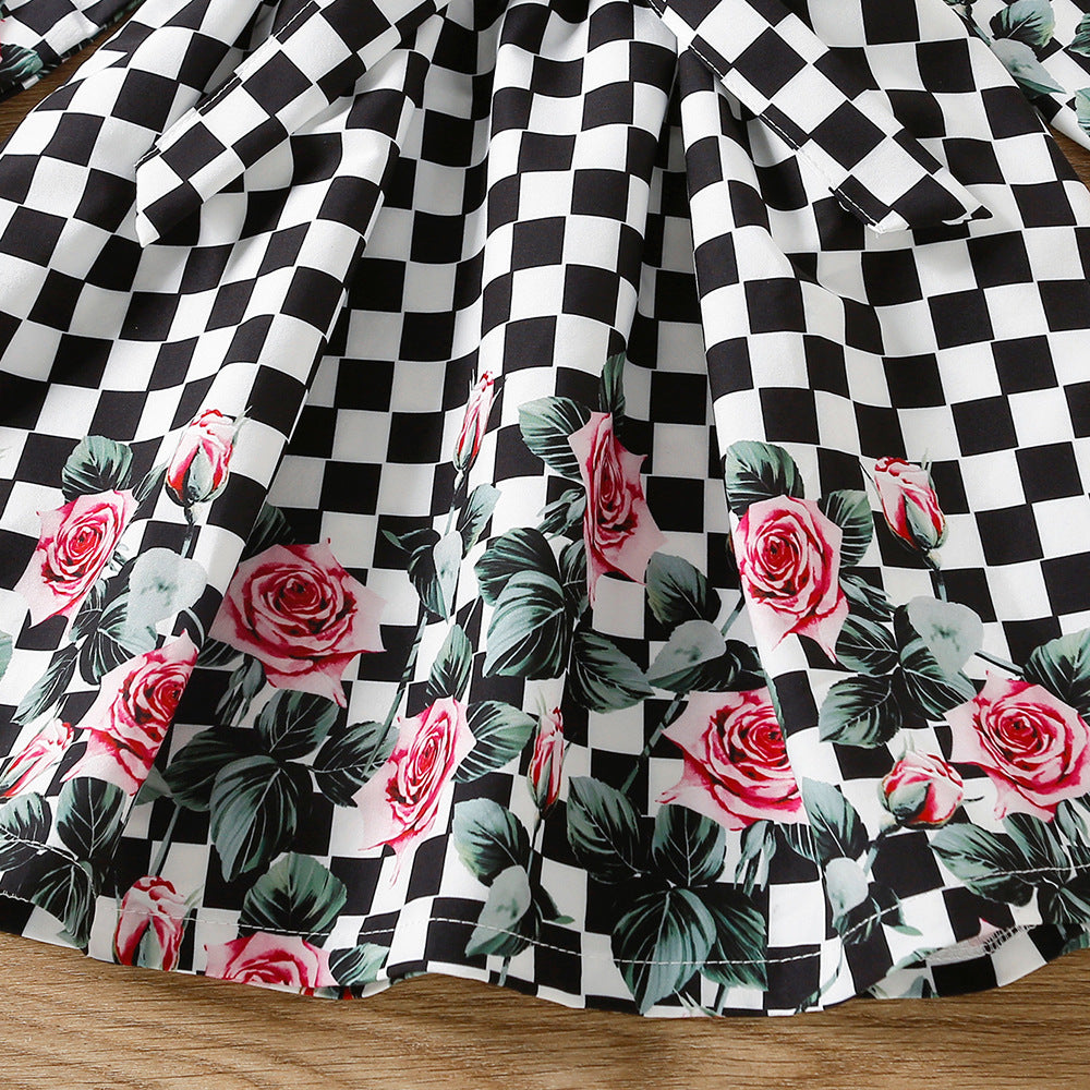 Toddler Kid Baby Girl Checkered Floral Print Princess Spring Autumn Dress