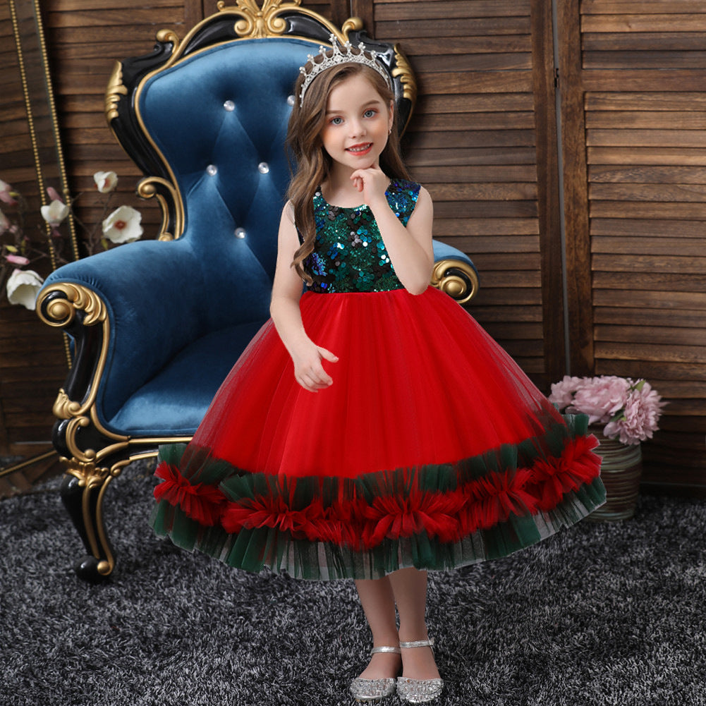 Kid Baby Girls Big Sequins Gauze Bow Tie Princess Pompous Dresses