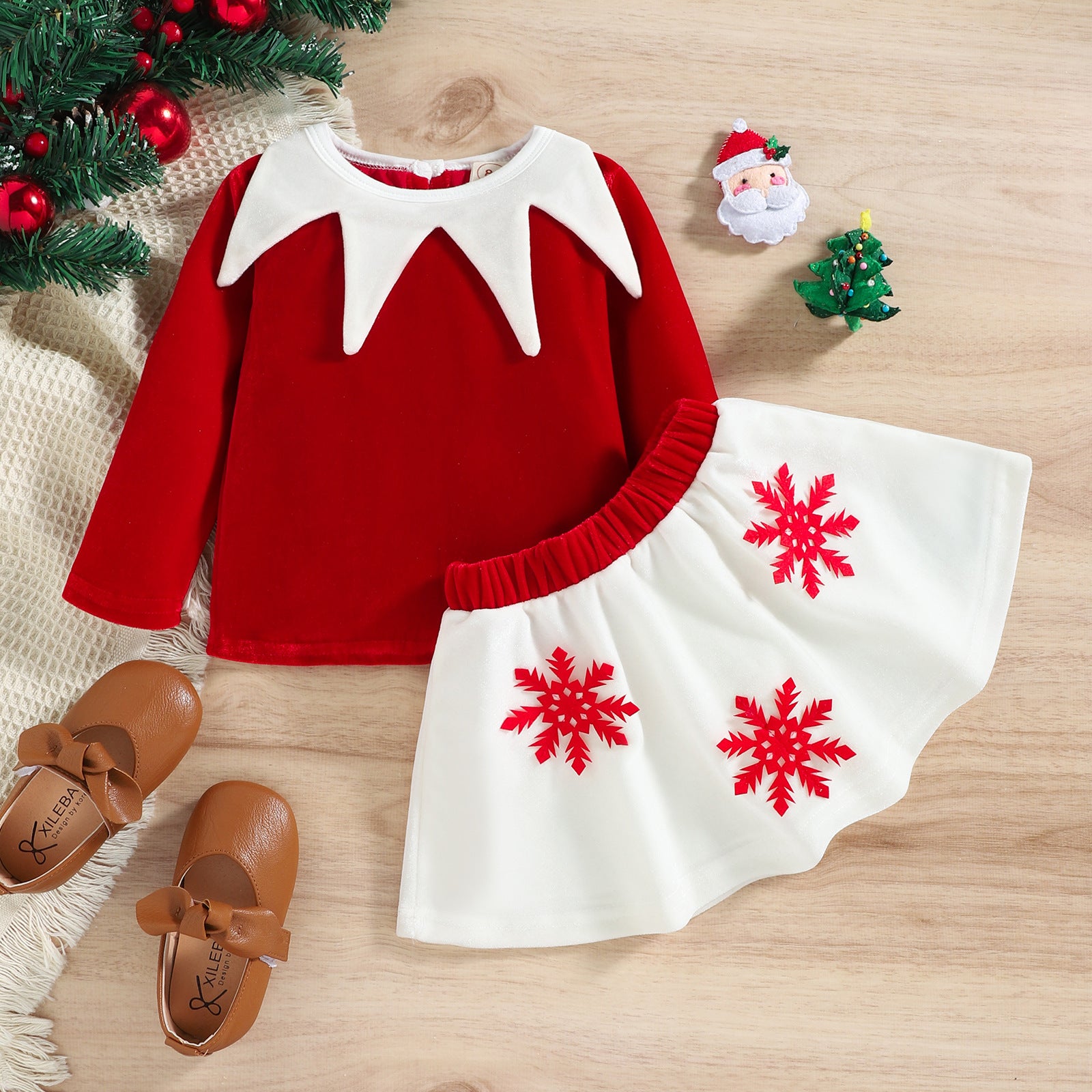 Kid Baby Girl Christmas Sweet Fall Winter Velvet Long-sleeved Snowflake 2 Pcs Sets