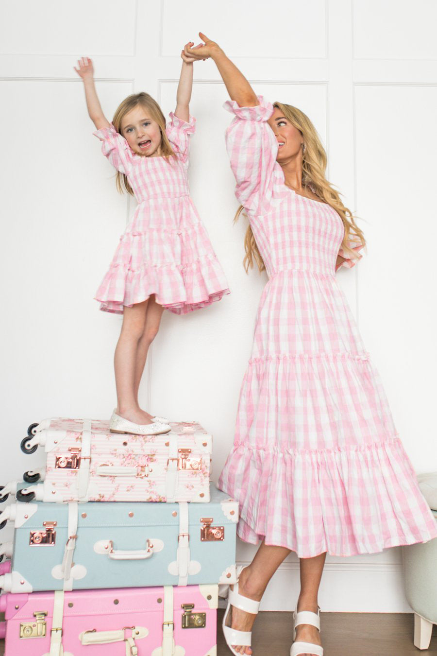 Family Matching Mother Daughter Floral Digital Print Pleated Square Dresses