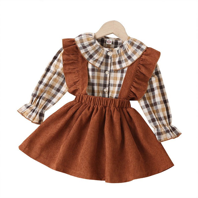 Autumn Toddler Baby Girls Sets Plaid Ruffle Tops Suspender Skirt 2pcs Sets