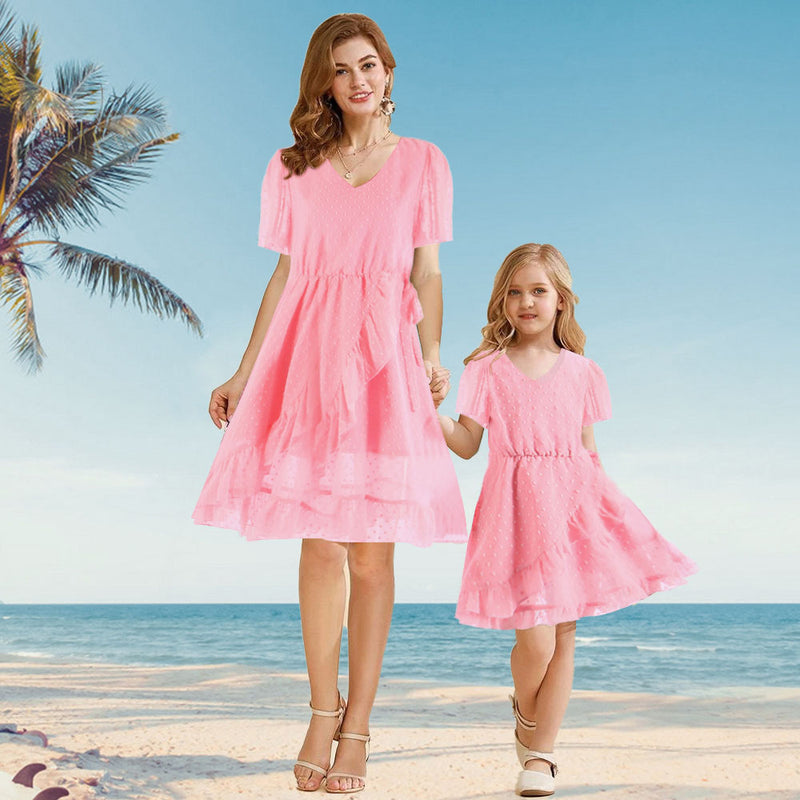 Family Matching Mother-daughter Pink Lovely Irregular Vacation Dresses