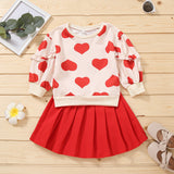 Girl Valentine's Day Autumn Dress Heart Printed Long Sleeves Pleated Sets 2 Pcs