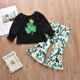 Spring Autumn Easter Girls Printed Bell-bottom Suit 2 Pcs Sets