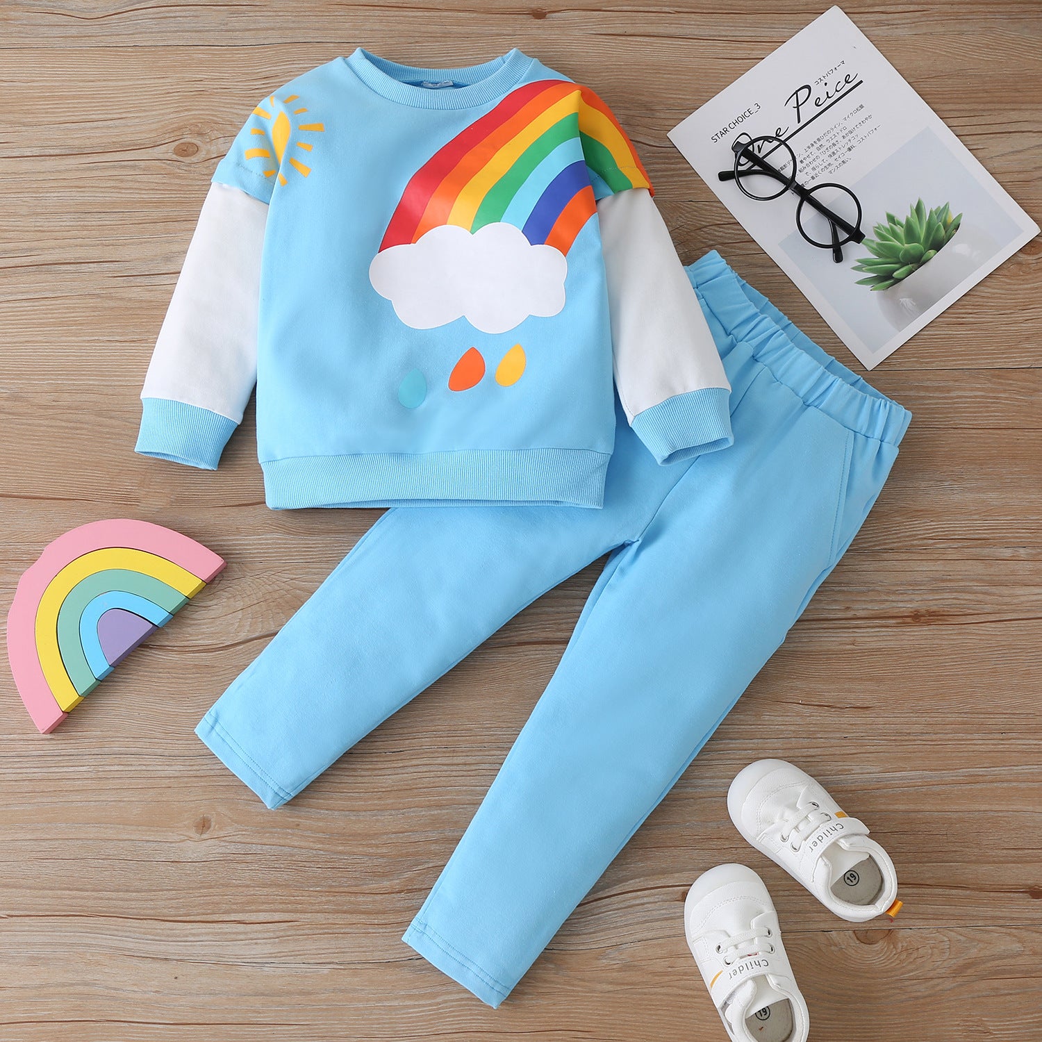 Kid Baby BoyLong Sleeve Rainbow Print 2 Pcs