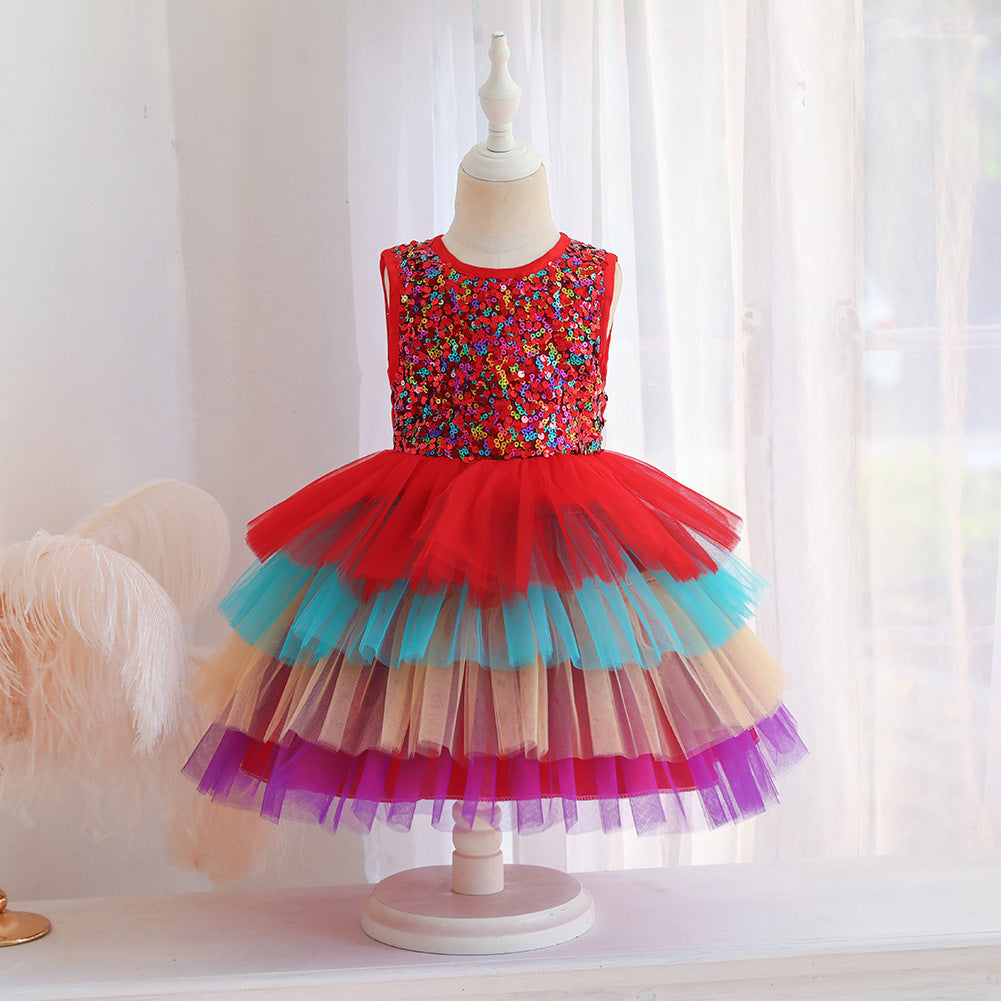 Kid Baby Girl Puffy Princess Colorful Sequins Layer Color Dresses