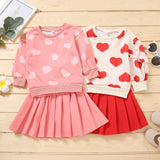 Girl Valentine's Day Autumn Dress Heart Printed Long Sleeves Pleated Sets 2 Pcs