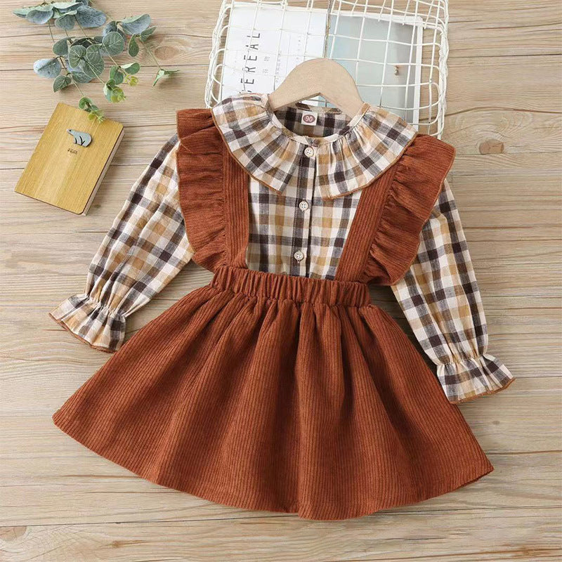 Autumn Toddler Baby Girls Sets Plaid Ruffle Tops Suspender Skirt 2pcs Sets
